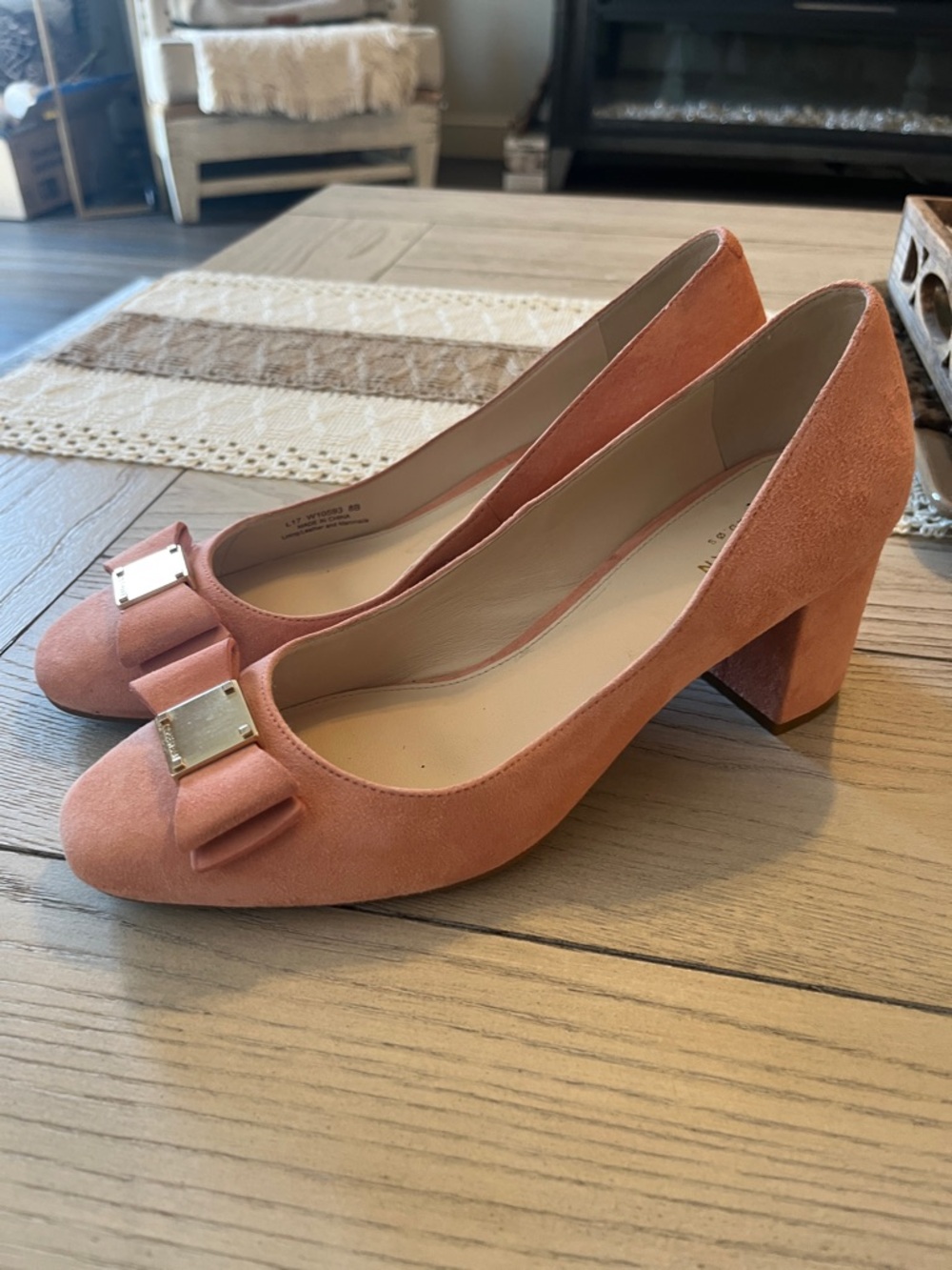 Cole Haan Coral Pink Suede Block Heel Pumps with Bow and Gold Plaque